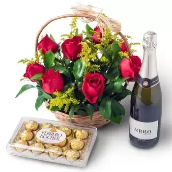 Salvador Fleuriste en ligne - Panier avec 9 roses rouges, chocolat et vin m Bouquet