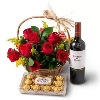 Adao Colares blomster- Kurv med 15 røde roser, sjokolade og rødvin Blomst Levering
