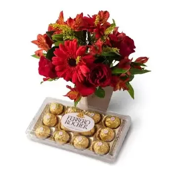 ベロオリゾンテ 花- 赤い花とチョコレートの混合のアレンジ 花束/フラワーアレンジメント