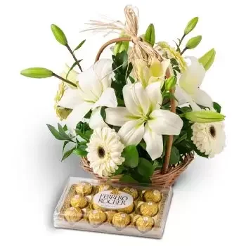 Aiquara bloemen bloemist- Mand van Lelies, Witte Gerberas en Chocolade Bloem Levering