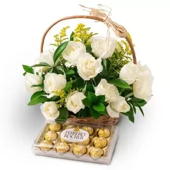بيليم الزهور على الإنترنت - سلة مع 24 الورود البيضاء والشوكولاتة باقة