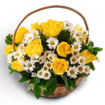 Alto Pora bloemen bloemist- Mand met Gele en Witte Rozen en Madeliefjes Bloem Levering