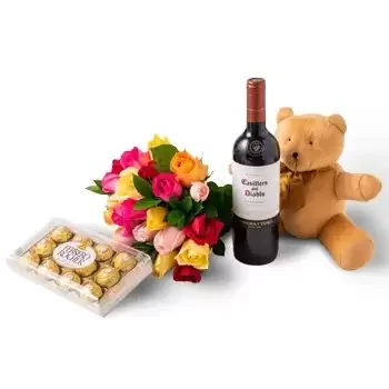 Salvador Fleuriste en ligne - Bouquet de 24 roses colorées, chocolat, ours  Bouquet