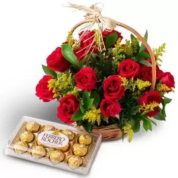 recife kukat- Kori 24 punaisella ruusulla ja suklaalla 