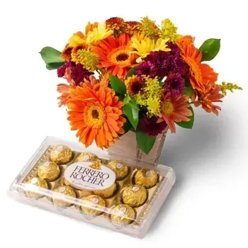 レシフェ 花- カラフルなフィールドフラワーとチョコレートの中央値アレンジ 花 配信