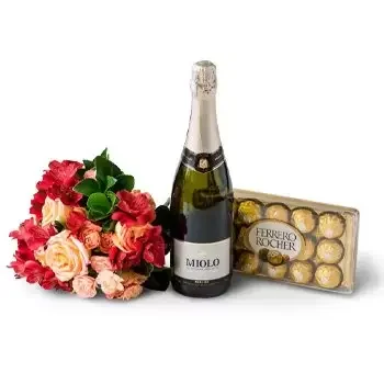マナウス オンライン花屋 - ピンクトーン、チョコレート、スパークリングワインのバラとアストロエリアの花束 花束
