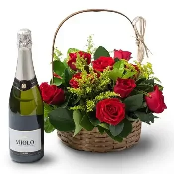 Agua Vermelha kwiaty- Tradycyjny kosz z 9 czerwonymi różami i winem Kwiat Dostawy