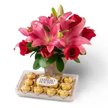 Amontada bloemen bloemist- Arrangement van lelies en chocolade Bloem Levering