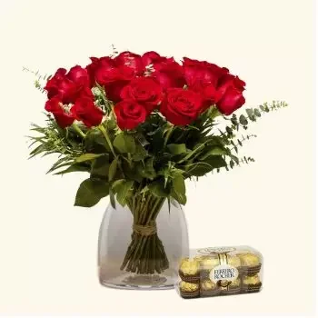 Benidorm kwiaty- Opakowanie 18 czerwonych róż + Ferrero Rocher Kwiat Dostawy