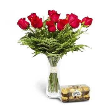 박사 꽃- 빨간 장미 12개 팩 + 페레로 로쉐 꽃 배달