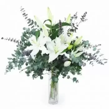Achen kukat- Maalaismainen kimppu valkoisia liljoja Herne Kukka Toimitus