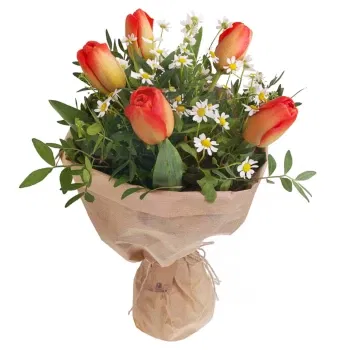 neapol kvety- Kytica Oranžových Tulipánov A Bielych Margaré