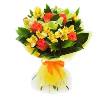 시칠리아 꽃- 주황색 장미와 노란색 Astromeria 꽃다발
