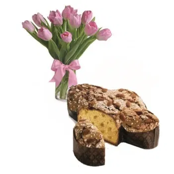Włochy kwiaty- Bukiet Różowych Tulipanów Z Gołębiem Wielkano