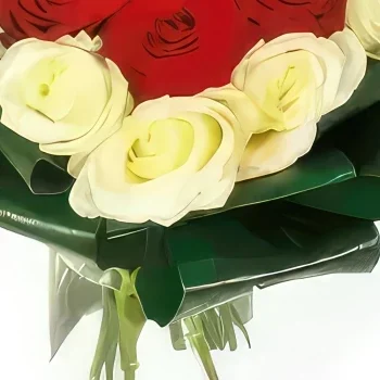 Pau-virágok- Csokor vörös és fehér rózsa Complicité Virágkötészeti csokor