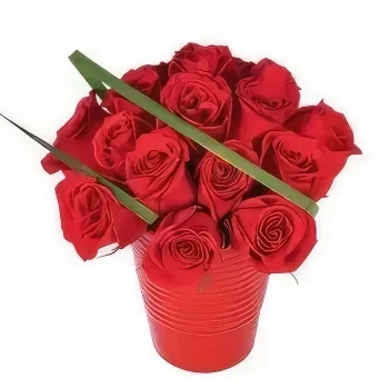 Lyon-virágok- Csokor vörös rózsa gránátalma üvegben Virágkötészeti csokor