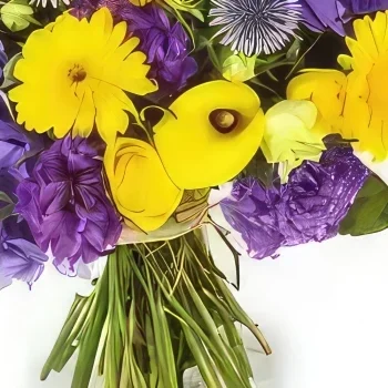 Paríž kvety- Kytica žltých a fialových kvetov Antoine Aranžovanie kytice