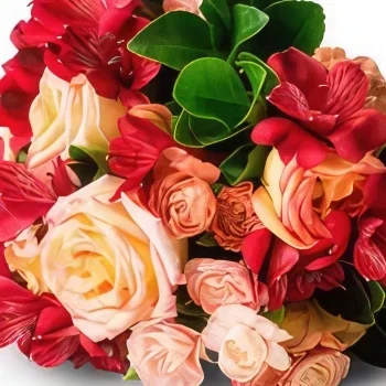 Belem bunga- Buket Mawar dan Astromelia dalam Warna Merah  Rangkaian bunga karangan bunga