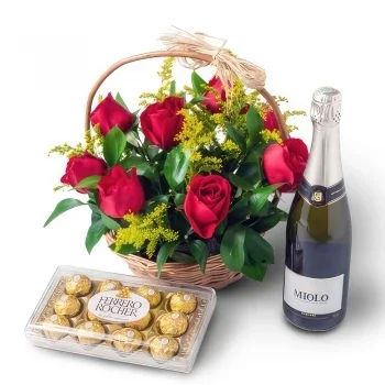 רסיפה פרחים- סל עם 9 ורדים אדומים, שוקולד ויין מבעבע זר פרחים/סידור פרחים