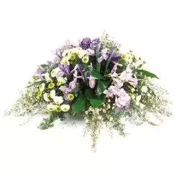 Genforening online Blomsterhandler - Højtidelig lilla & hvid sørgekomposition Buket
