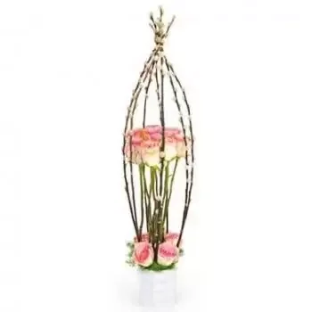 Pau bunga- Komposisi mawar merah muda Cage d'Amour Bunga Pengiriman