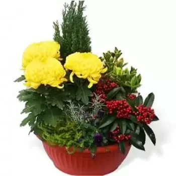 Pau bunga- Potongan tanaman kuning dan merah untuk kubur Rangkaian bunga karangan bunga