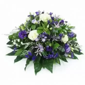 Toulouse bloemen bloemist- Neptune wit & paarsblauw rouwkussen Boeket/bloemstuk