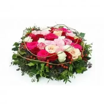 Französisch-Guayana Blumen Florist- Kissen aus roten und rosafarbenen Mykene-Rose Blumen Lieferung