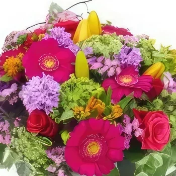 Tarbes bloemen bloemist- Fuchsia, mauve & oranje Bacchus rouwkussen Boeket/bloemstuk