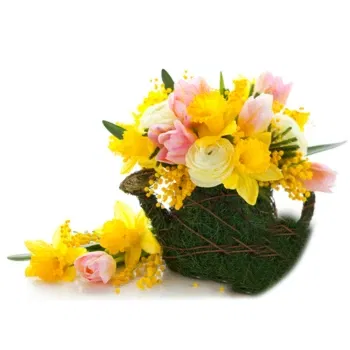 بائع زهور ميلان- سلة ميموزا مع زهور التوليب الوردية