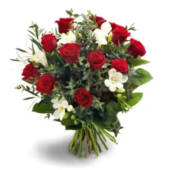 بائع زهور ميلان- باقة زهور مع الورد الأحمر والليزانث الأبيض