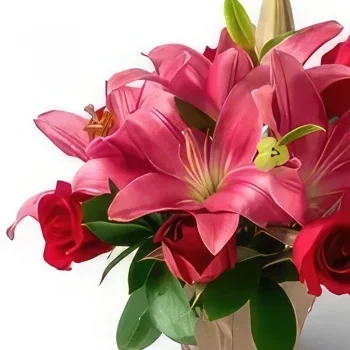 Recife flori- Aranjament de crini si trandafiri rosii Buchet/aranjament floral
