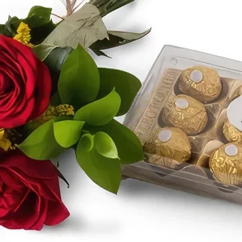 サンパウロ 花- 3本の赤いバラとチョコレートのアレンジメント 花束/フラワーアレンジメント