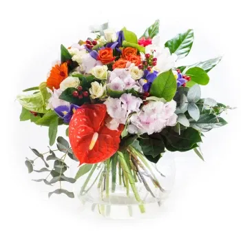 fiorista fiori di Sardinia- Bouquet Con Anthurium Rossi E Fiori Misti