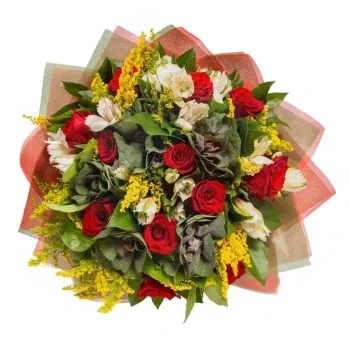 Milano blomster- Bukett Med Røde Roser, Hvit Alstroemeria Og 
