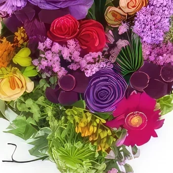 Tarbes цветя- Сърце от фуксия, портокал и лилави цветя Пери Букет/договореност цвете