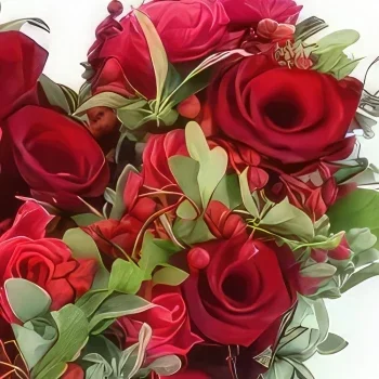 ליל פרחים- לב של ורדים אדומים ופוקסיה טירנה זר פרחים/סידור פרחים