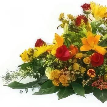 Pau blomster- Helios orange & rød sørgeketcher Blomst buket/Arrangement