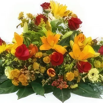 Pau bloemen bloemist- Helios oranje & rood rouwracket Boeket/bloemstuk