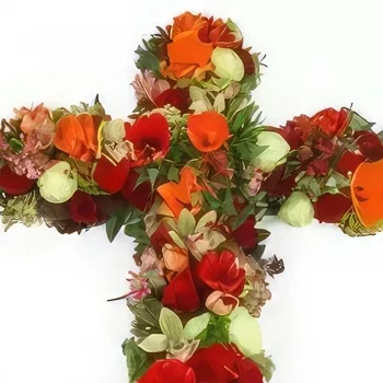 fleuriste fleurs de Paris- Grande croix de fleurs rouges & vertes Diomèd Bouquet/Arrangement floral