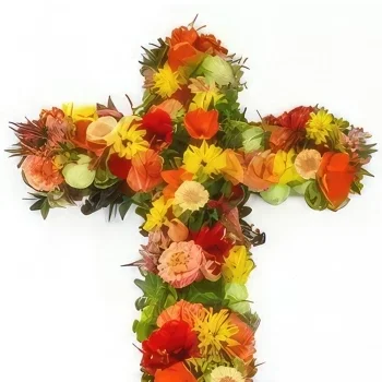 Pau bloemen bloemist- Groot kruis van rode, oranje en gele Celeos-b Boeket/bloemstuk
