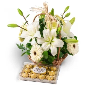 fleuriste fleurs de Fortaleza- Panier de lys, gerberas blancs et chocolat Bouquet/Arrangement floral