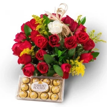 포르 탈 레자 꽃- 39 개의 빨간 장미와 다른 색상과 초콜릿의 독방 장미 1 개 바구니 꽃다발/꽃꽂이