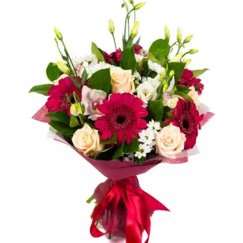 시칠리아 꽃- 밝은 장미, 거베라, 리시안셔를 사용한 꽃다발