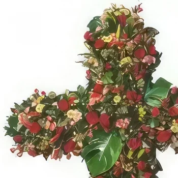 Pau-virágok- Piros virágok gyászkeresztje Az egek Virágkötészeti csokor