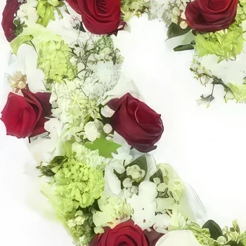 Pau-virágok- Gyászszív fehér és piros virágokból Achille Virágkötészeti csokor