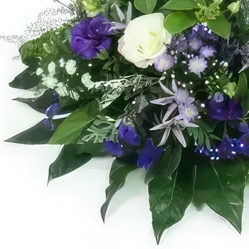 Λιλ λουλούδια- Μαξιλάρι πένθους Neptune λευκό & μωβ-μπλε Μπουκέτο/ρύθμιση λουλουδιών