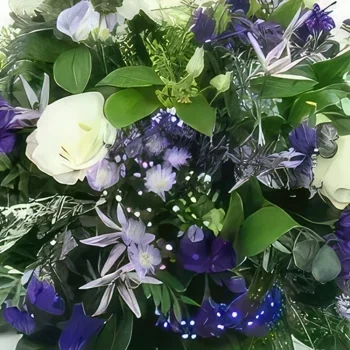 fiorista fiori di Strasburgo- Cuscino da lutto bianco Nettuno e viola-blu Bouquet floreale