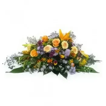 Бордо цветя- Оранжева и лилаво-лилава траурна ракета Юпите Букет/договореност цвете