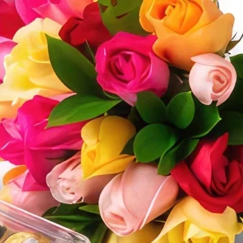 Belem bunga- Buket 24 Mawar Berwarna, Cokelat, Teddybear,  Rangkaian bunga karangan bunga